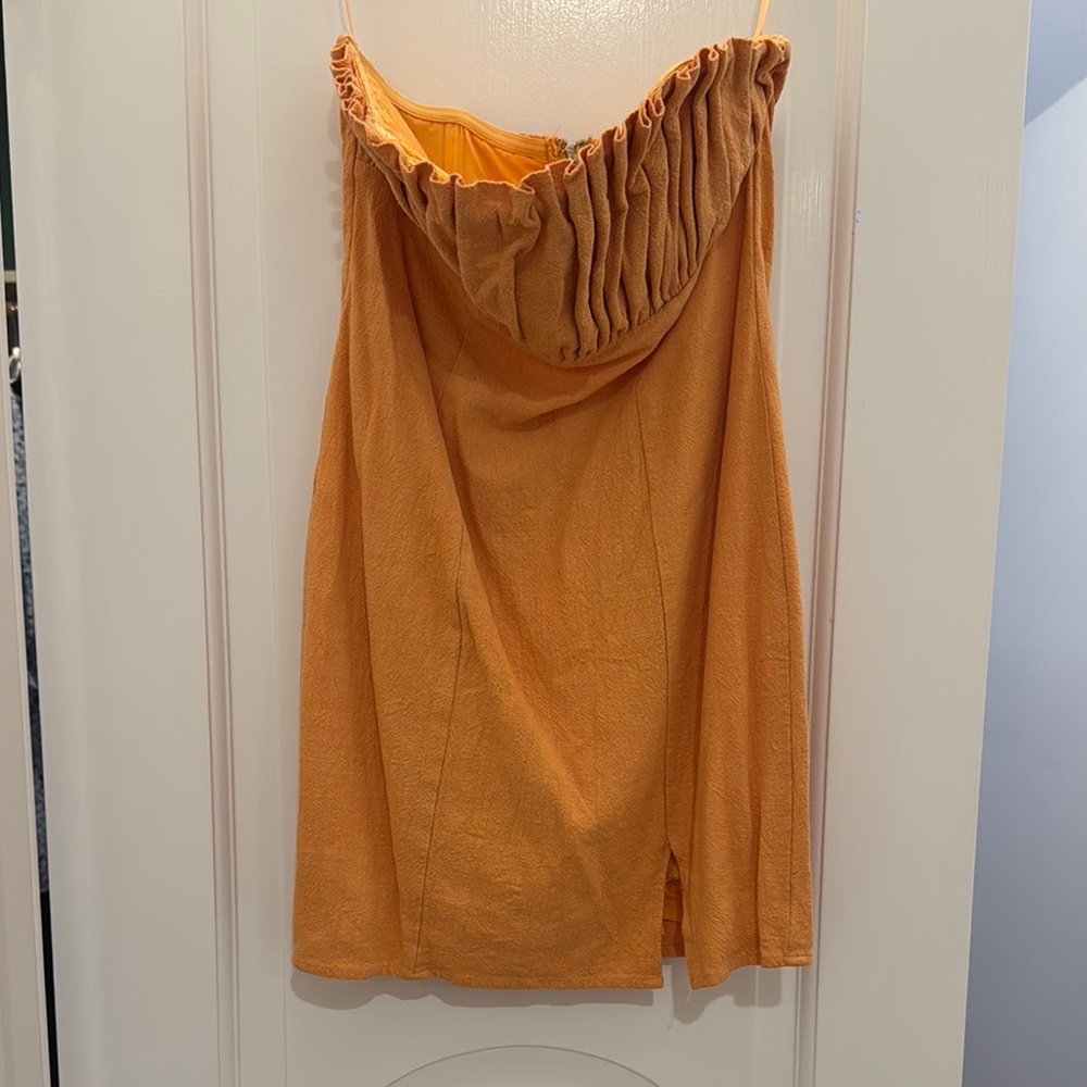 Orange Strapless Bubble Dress with Ruched Detail